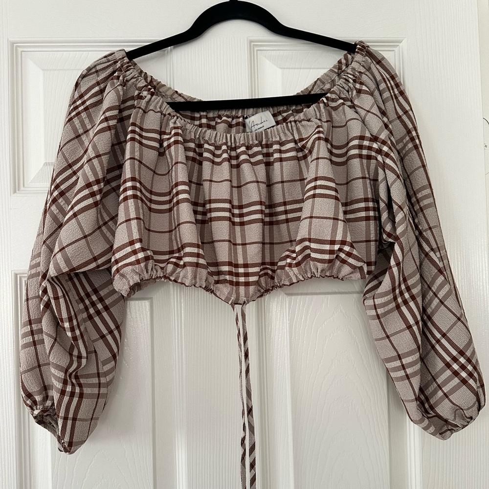 L’Academie Jules Off Shoulder Crop Top in Brown Plaid